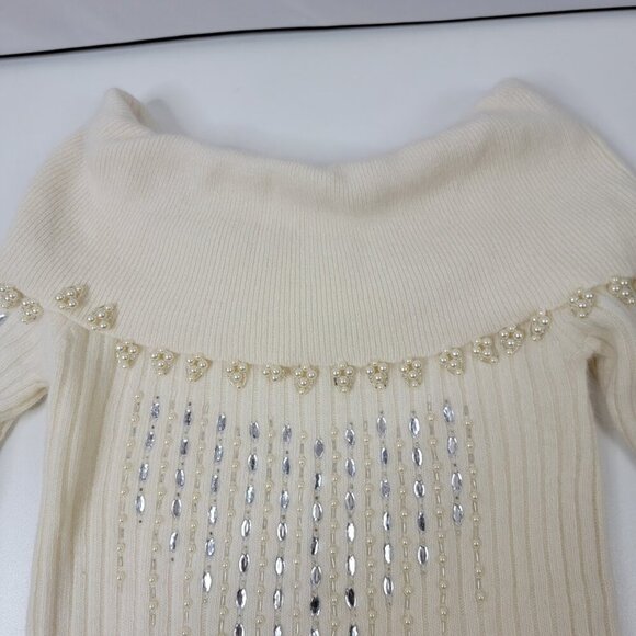 Vintage Pappagallo Beaded Pearl Off-Shoulder Sweater | Angora Wool Blend - Picture 7 of 11